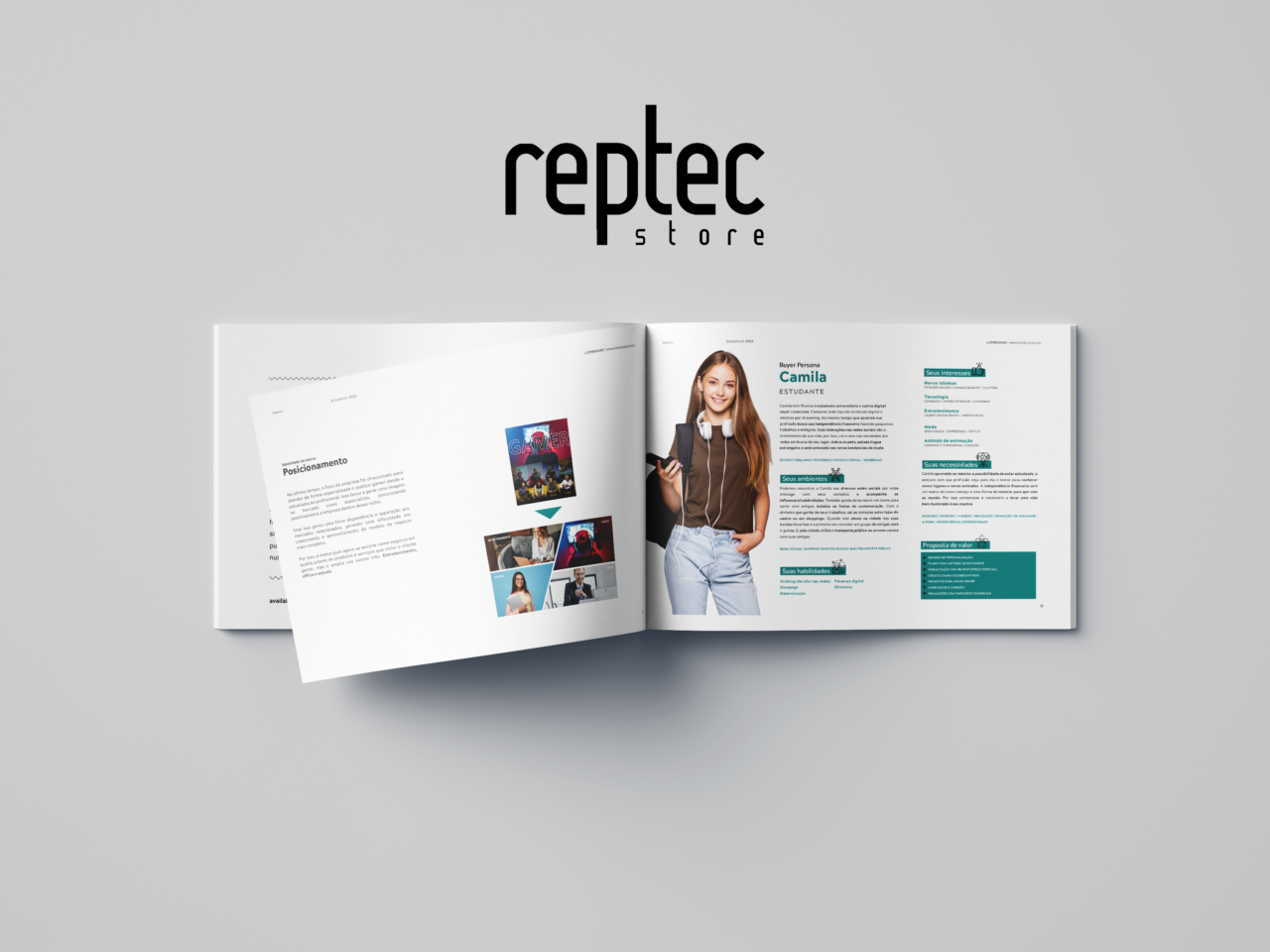 Brandbook aberto com a logo da Reptec